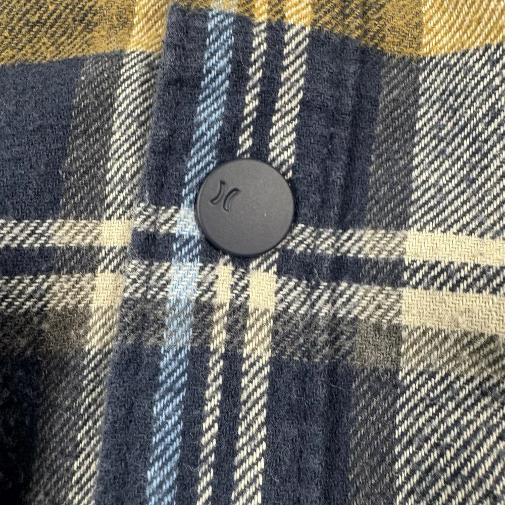 Hurley Jacket Mens Medium‎ Blue Plaid Snap Up Fleece Lined Flap Pockets